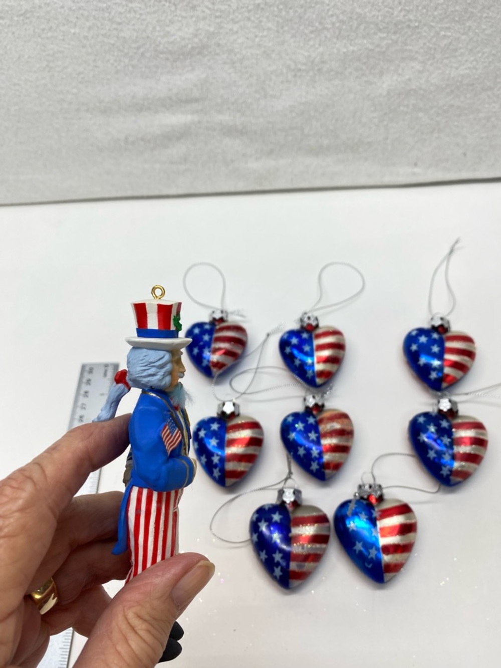 Patriotic Heart Ornament Set of 8 1 Uncle Sam Nutcracker Ornament Americana 4th - Picture 9 of 15